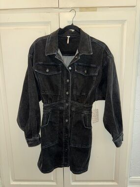 Free People Black Washed Denim Mini Dress Jacket